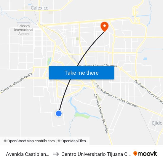 Avenida Castiblanco / Roncal to Centro Universitario Tijuana Campus Mexicali map