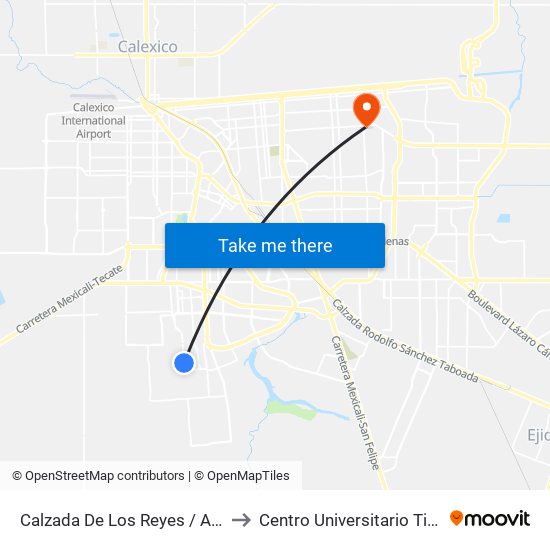 Calzada De Los Reyes / Avenida Montes De Toledo to Centro Universitario Tijuana Campus Mexicali map