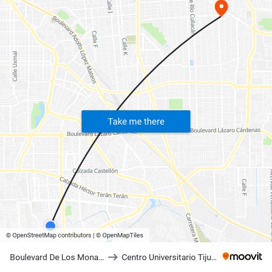 Boulevard De Los Monarcas / De Las Justas to Centro Universitario Tijuana Campus Mexicali map