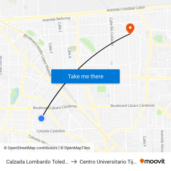 Calzada Lombardo Toledano / Donaciano Íñiguez to Centro Universitario Tijuana Campus Mexicali map