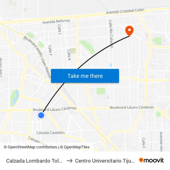 Calzada Lombardo Toledano / Encantadas to Centro Universitario Tijuana Campus Mexicali map