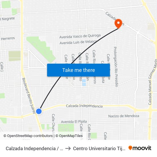 Calzada Independencia / Rafaela López De Rayón to Centro Universitario Tijuana Campus Mexicali map