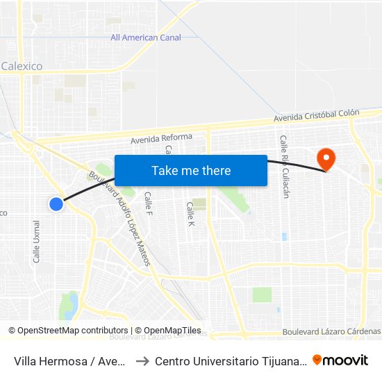 Villa Hermosa / Avenida Querétaro to Centro Universitario Tijuana Campus Mexicali map