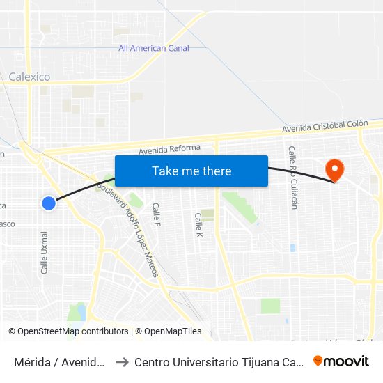 Mérida / Avenida Oaxaca to Centro Universitario Tijuana Campus Mexicali map