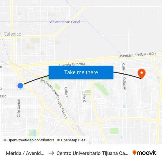 Mérida / Avenida Nayarit to Centro Universitario Tijuana Campus Mexicali map