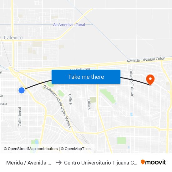 Mérida / Avenida Michoacán to Centro Universitario Tijuana Campus Mexicali map