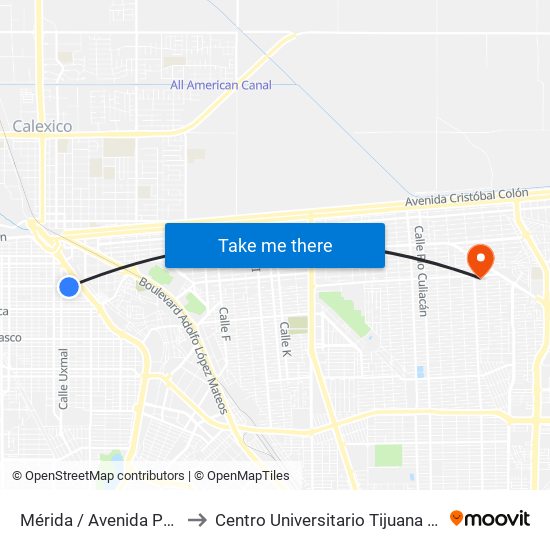 Mérida / Avenida Pedro Moreno to Centro Universitario Tijuana Campus Mexicali map