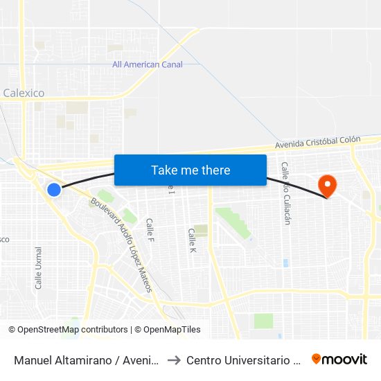 Manuel Altamirano / Avenida Sebastián Lerdo De Tejada to Centro Universitario Tijuana Campus Mexicali map