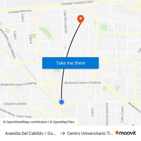 Avenida Del Cabildo / Gobernador Alfonso González to Centro Universitario Tijuana Campus Mexicali map