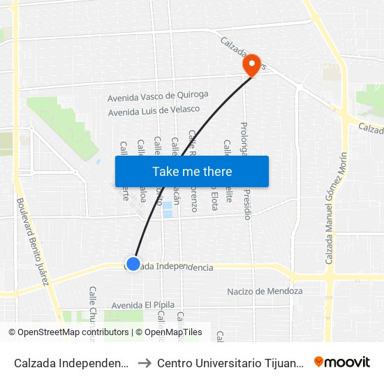 Calzada Independencia / Río Fuerte to Centro Universitario Tijuana Campus Mexicali map