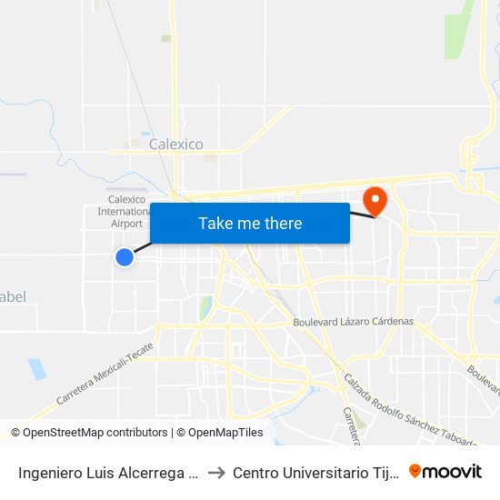 Ingeniero Luis Alcerrega / Boulevard Luis Álvarez to Centro Universitario Tijuana Campus Mexicali map