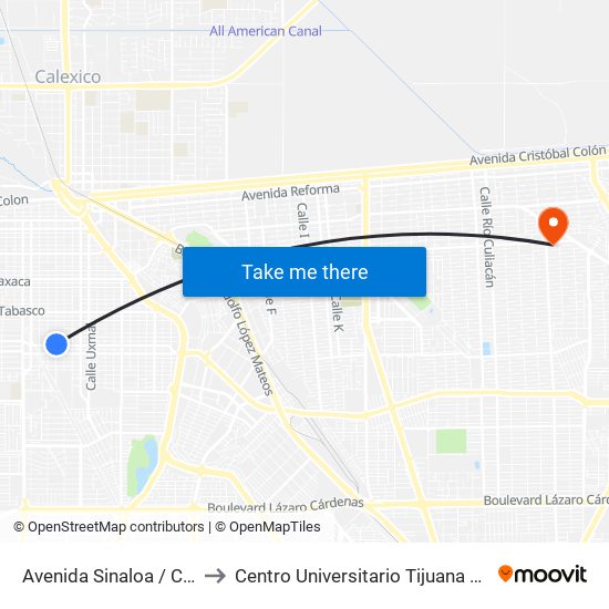 Avenida Sinaloa / Chilpancingo to Centro Universitario Tijuana Campus Mexicali map