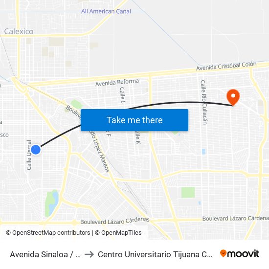 Avenida Sinaloa / Progreso to Centro Universitario Tijuana Campus Mexicali map