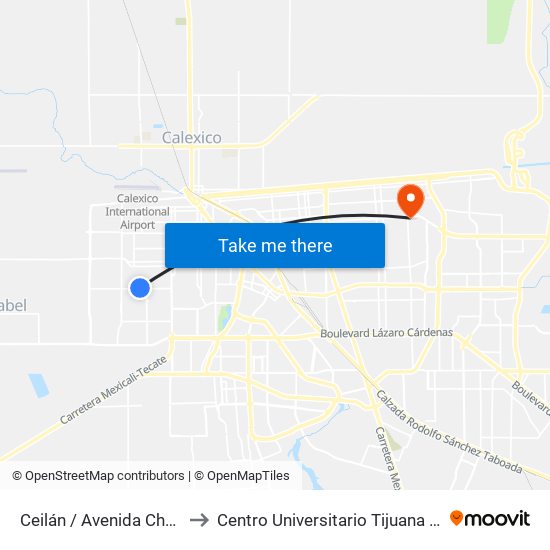 Ceilán / Avenida Checoslovaquia to Centro Universitario Tijuana Campus Mexicali map