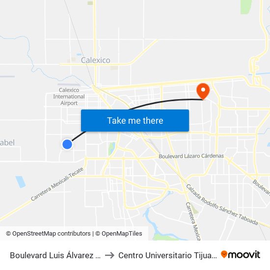 Boulevard Luis Álvarez / Avenida Rumania to Centro Universitario Tijuana Campus Mexicali map