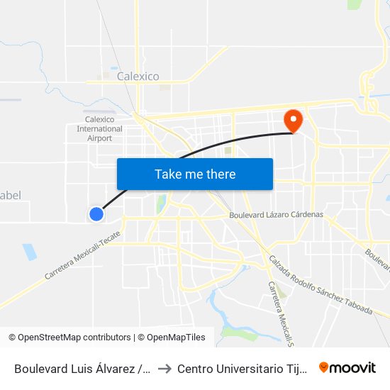 Boulevard Luis Álvarez / Avenida Arqueólogos to Centro Universitario Tijuana Campus Mexicali map