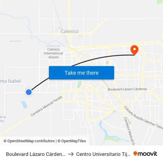 Boulevard Lázaro Cárdenas / Paseo Viñas Del Sol to Centro Universitario Tijuana Campus Mexicali map