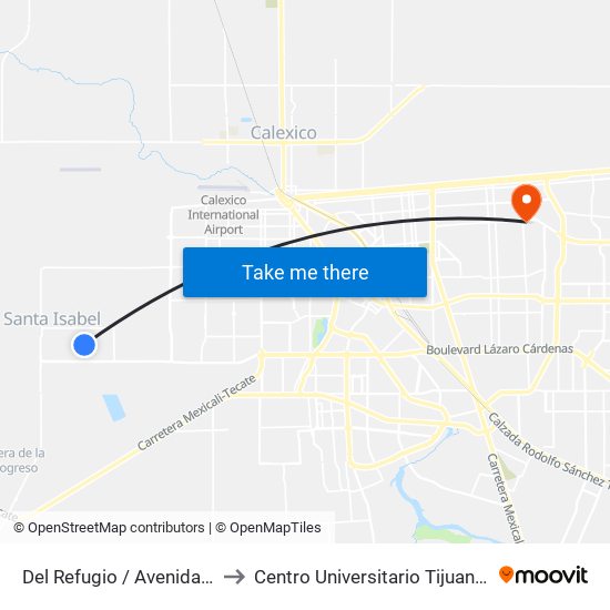 Del Refugio / Avenida Santa Verónica to Centro Universitario Tijuana Campus Mexicali map