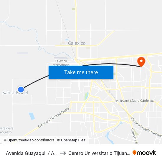Avenida Guayaquil / Arroyo Calamajue to Centro Universitario Tijuana Campus Mexicali map