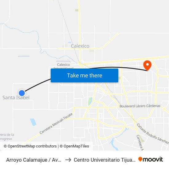 Arroyo Calamajue / Avenida El Portezuelo to Centro Universitario Tijuana Campus Mexicali map