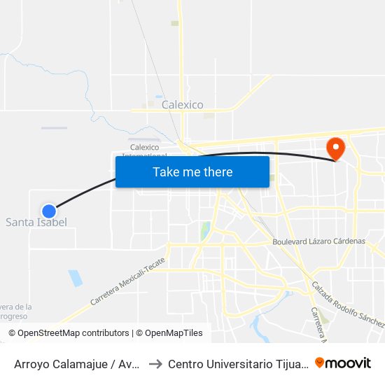 Arroyo Calamajue / Avenida El Portezuelo to Centro Universitario Tijuana Campus Mexicali map