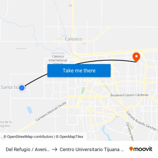 Del Refugio / Avenida Saturno to Centro Universitario Tijuana Campus Mexicali map