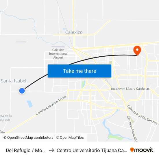 Del Refugio / Monte Xanic to Centro Universitario Tijuana Campus Mexicali map