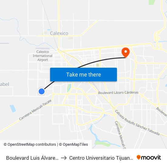 Boulevard Luis Álvarez / Veterinarios to Centro Universitario Tijuana Campus Mexicali map
