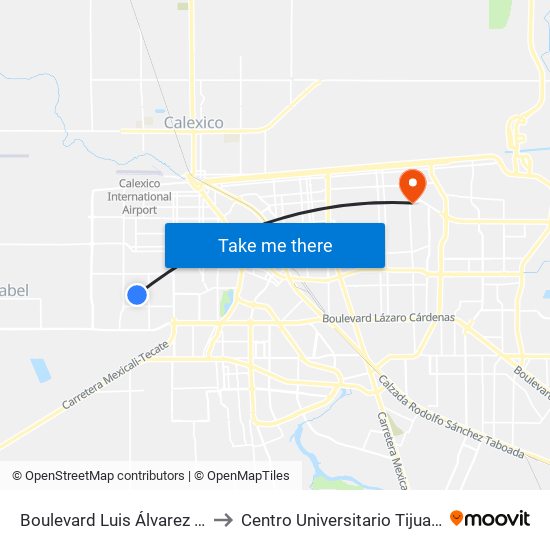 Boulevard Luis Álvarez / Avenida Rumania to Centro Universitario Tijuana Campus Mexicali map