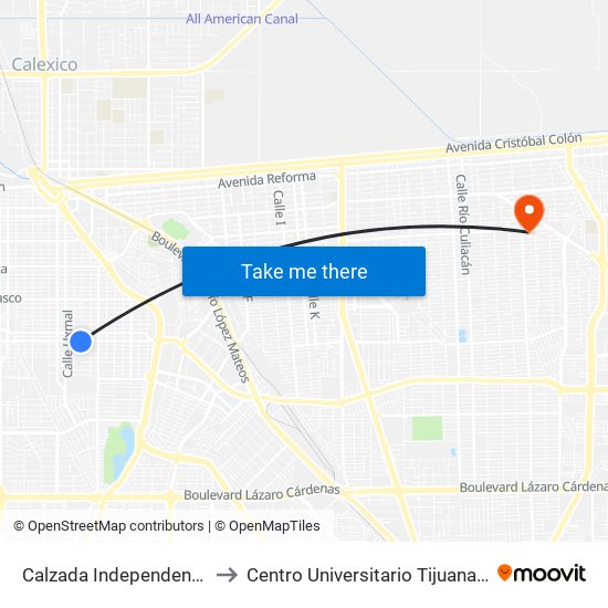 Calzada Independencia / Progreso to Centro Universitario Tijuana Campus Mexicali map