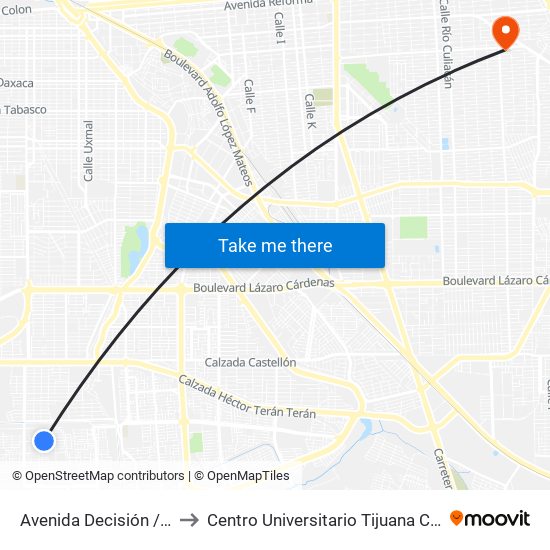 Avenida Decisión / Seguridad to Centro Universitario Tijuana Campus Mexicali map