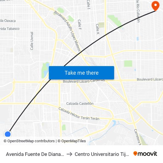 Avenida Fuente De Diana / Fuente De La Alegría to Centro Universitario Tijuana Campus Mexicali map