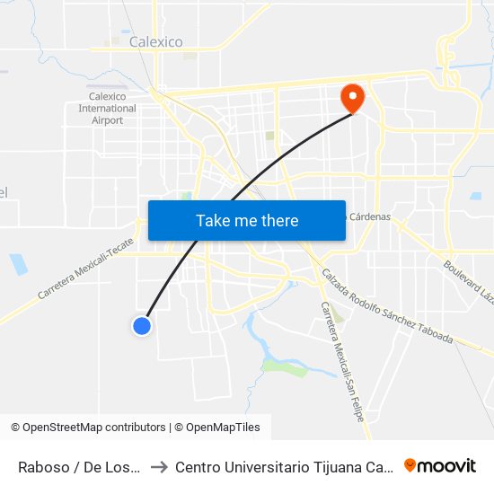 Raboso / De Los Portales to Centro Universitario Tijuana Campus Mexicali map