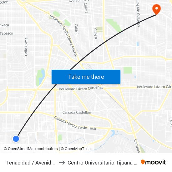Tenacidad / Avenida Estabilidad to Centro Universitario Tijuana Campus Mexicali map