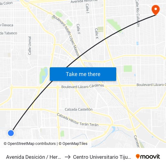 Avenida Desición / Heróico Colegio Militar to Centro Universitario Tijuana Campus Mexicali map