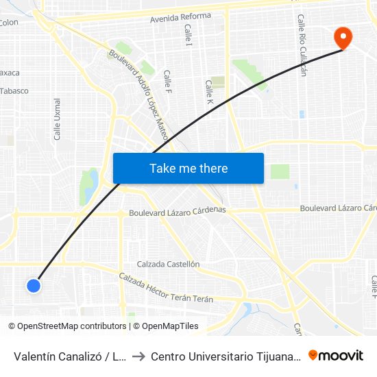 Valentín Canalizó / Los Coroneles to Centro Universitario Tijuana Campus Mexicali map