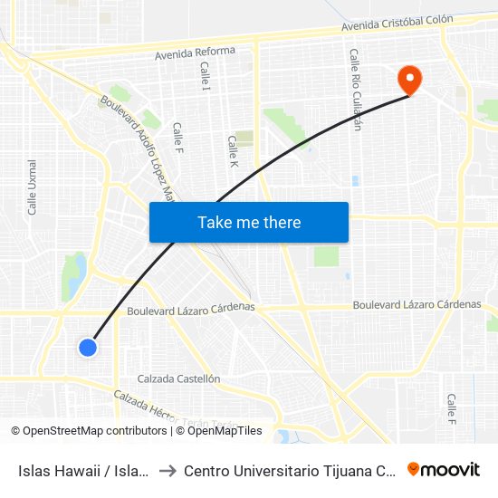 Islas Hawaii / Islas Canarias to Centro Universitario Tijuana Campus Mexicali map