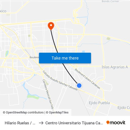 Hilario Ruelas / Treceava to Centro Universitario Tijuana Campus Mexicali map