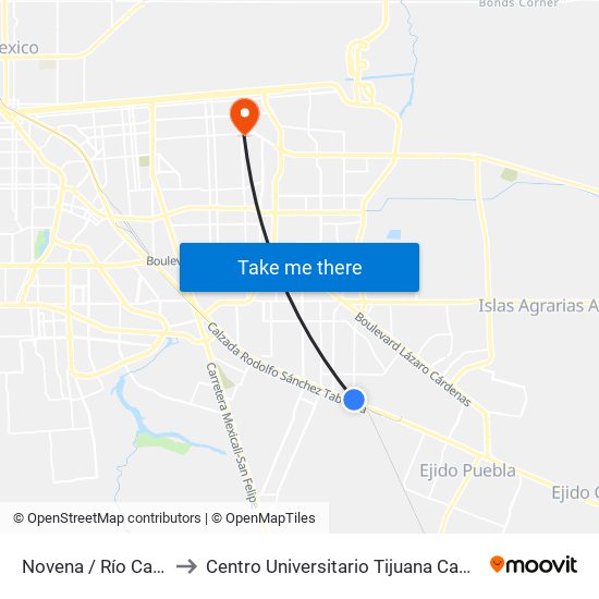 Novena / Río Candelaria to Centro Universitario Tijuana Campus Mexicali map