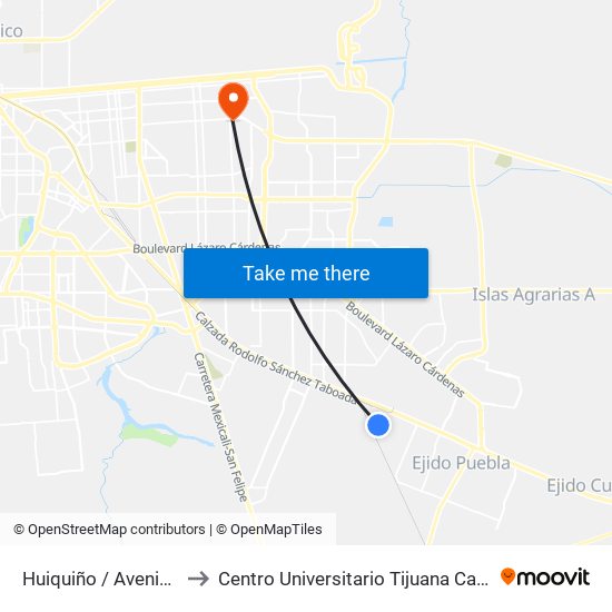 Huiquiño / Avenida Jalpan to Centro Universitario Tijuana Campus Mexicali map