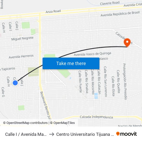 Calle I / Avenida Marmoleros Sur to Centro Universitario Tijuana Campus Mexicali map