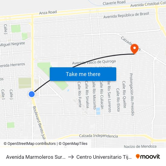 Avenida Marmoleros Sur / Calzada Justo Sierra to Centro Universitario Tijuana Campus Mexicali map