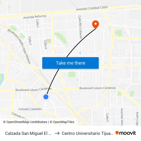 Calzada San Miguel El Grande / Valladolid to Centro Universitario Tijuana Campus Mexicali map