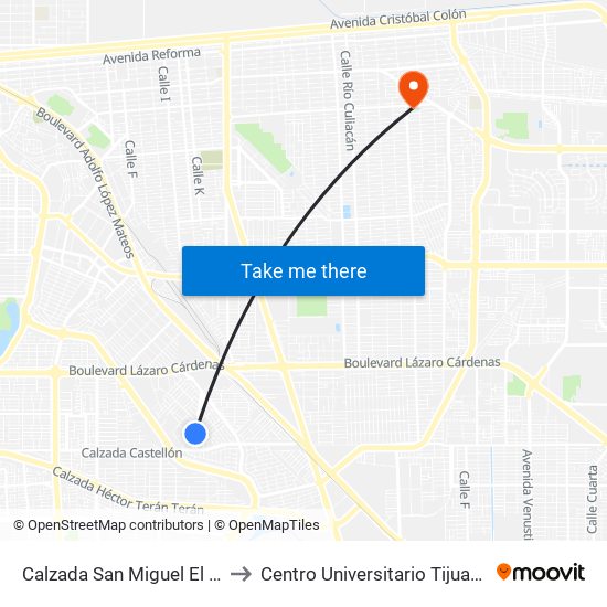 Calzada San Miguel El Grande / Calle 47 to Centro Universitario Tijuana Campus Mexicali map
