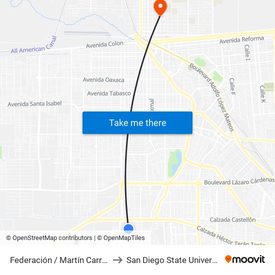 Federación / Martín Carrera to San Diego State University map