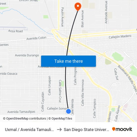 Uxmal / Avenida Tamaulipas to San Diego State University map