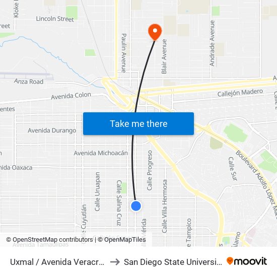 Uxmal / Avenida Veracruz to San Diego State University map