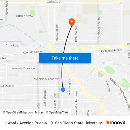 Uxmal / Avenida Puebla to San Diego State University map
