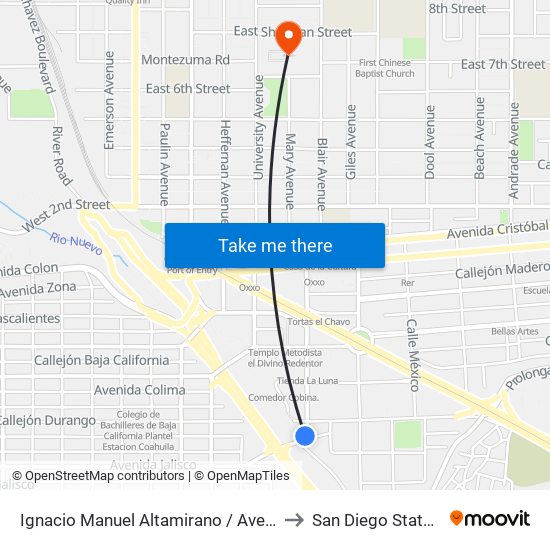 Ignacio Manuel Altamirano / Avenida Pedro Moreno to San Diego State University map