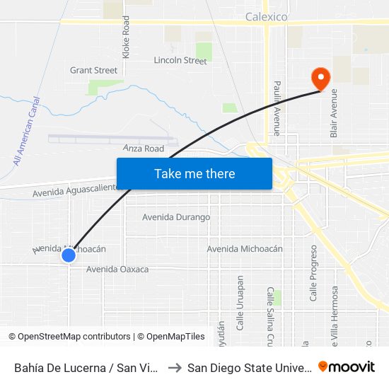 Bahía De Lucerna / San Vicente to San Diego State University map